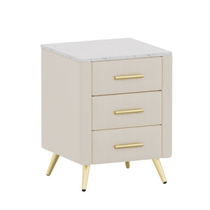English Elm Upholstered Velvet Nightstand with Faux Marble Top Three Drawers and Slim Metal Legs Beige N733P208520A
