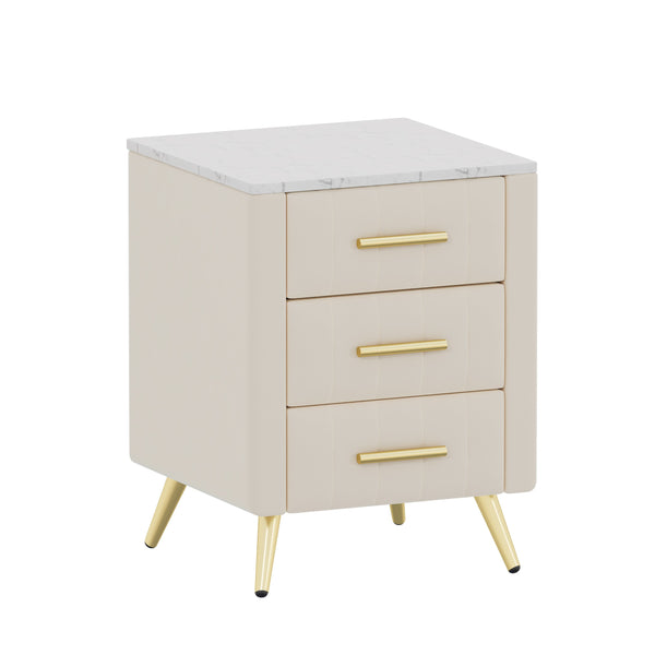 English Elm Upholstered Velvet Nightstand with Faux Marble Top Three Drawers and Slim Metal Legs Beige N733P208520A