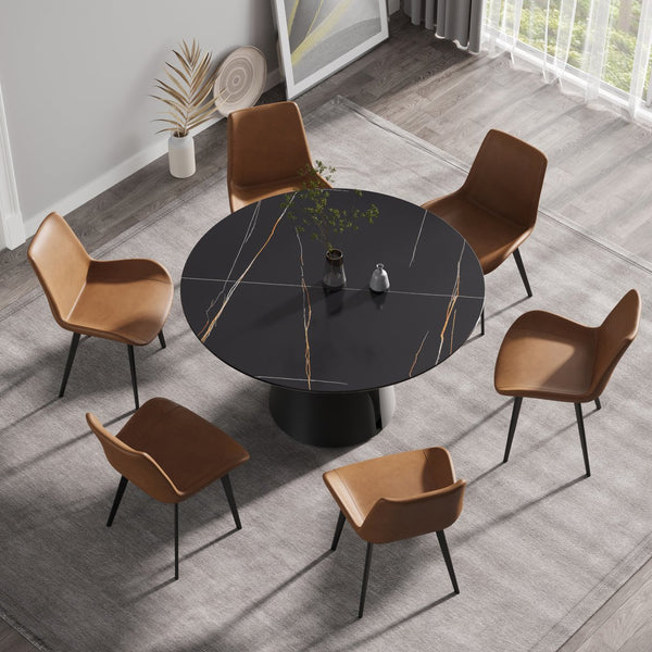 English Elm 53.15"Modern Round Dining Table With Black Carbon Steel Base - Seats 6, Scratch-Resistant Surface W1535S00217