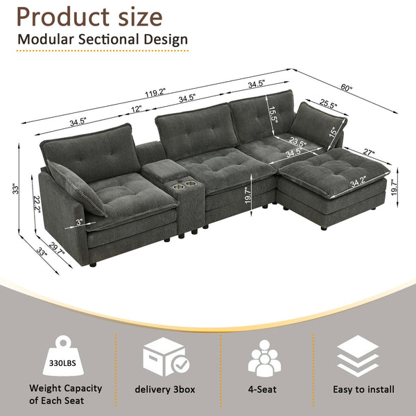 English Elm 119" Tufted Corduroy L-shaped Sectional with Ottoman Console Usb Charging 4 Seat Grey W1998S00102