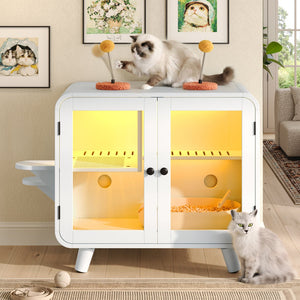 English Elm Cat Litter Box Enclosure Mdf Cabinet with Rgb Lighting Glass Doors and Play Loft White N704P419240K