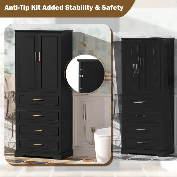 English Elm 72.2'' Tall Freestanding Bathroom Cabinet with 3 Drawers, Adjustable Shelf, Soft-Close Doors, Modern Elegant Design Black N729P296769B