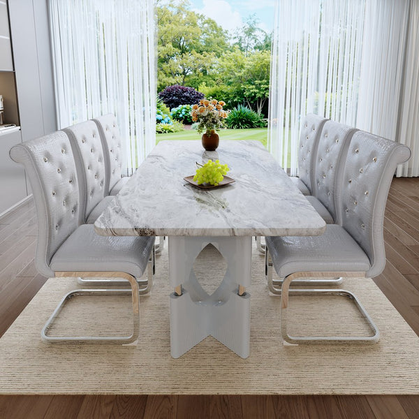 English Elm Modern White Faux Marble 7 Piece Dining Set Tufted Pvc Chairs for Kitchen W3875S00062
