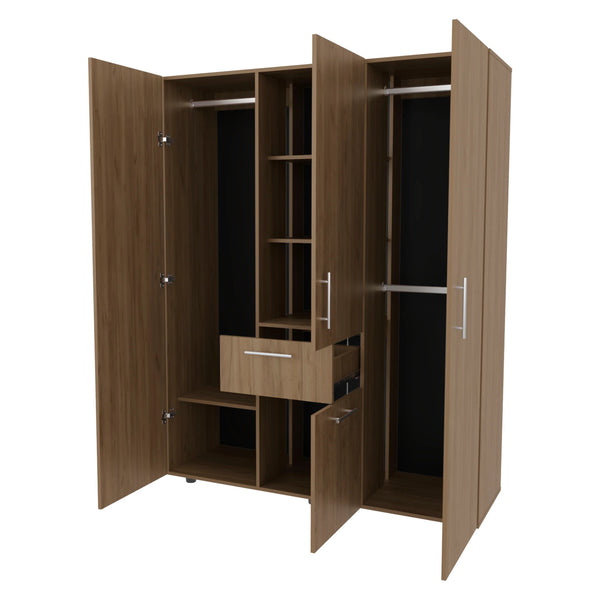 English Elm Natural Oak Armoire with 4 Doors, Spacious Drawer & Shelves, Modern Wood Finish, Elegant Metal Accents B062S00622