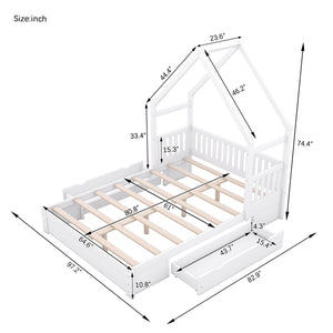 English Elm Wood Queen Size House Platform Bed with Guardrail and 2 Drawers — Charming Kids’ Playful Storage Bedframe White GX000726AAK
