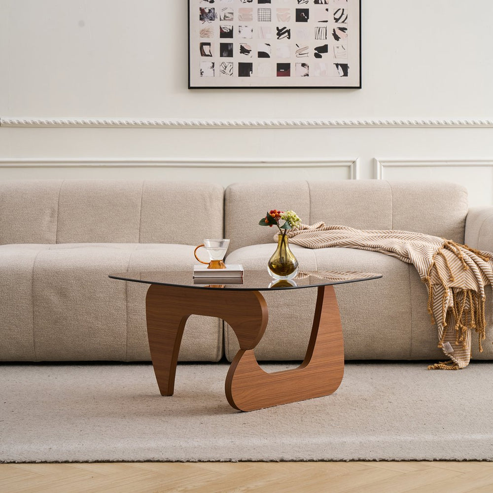 English Elm Glass Top Coffee Table Tempered Surface Oak Wood Base Mid-century Modern Living Room Brown W1718P452048