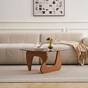 English Elm Glass Top Coffee Table Tempered Surface Oak Wood Base Mid-century Modern Living Room Brown W1718P452048