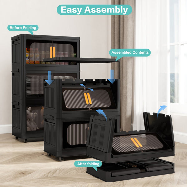 English Elm Black,24" Folding Storage Cabinet 4-Tier Collapsible Plastic Organizer with Wheels, Magnetic Door, Durable PP W2873P289712