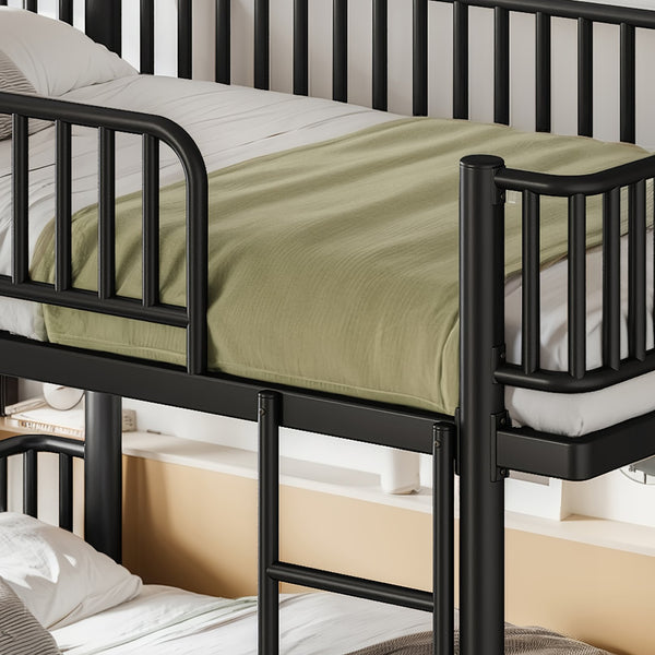 English Elm Twin Over Metal Bunk Bed with Led Lights Usb Ports Drawers and Sofa Conversion Black W5305S00070
