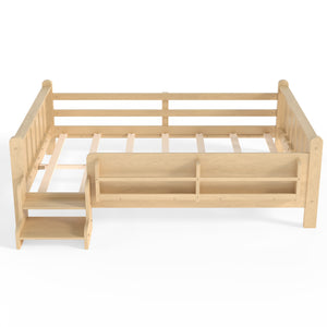 English Elm Twin Pine Floor Bed with Guardrails Built-in Bookcases and Stair Steps for Kids W1580P430186