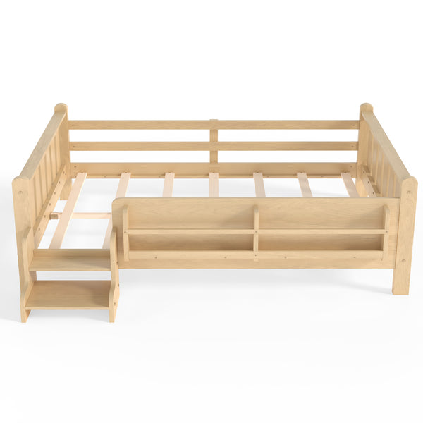 English Elm Twin Pine Floor Bed with Guardrails Built-in Bookcases and Stair Steps for Kids W1580P430186