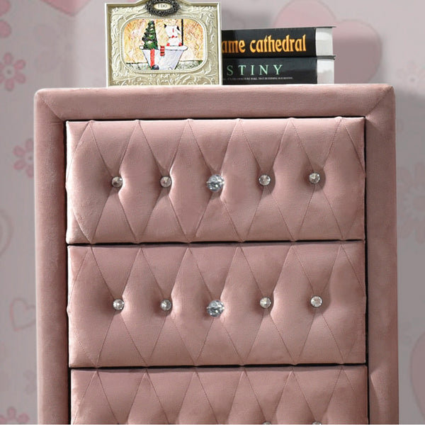 English Elm Pink 4-Drawer Chest with Crystal Knobs, Padded Case-Legs & Smooth Metal Glides for Stylish Storage B062P209049