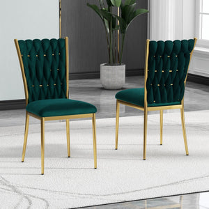 English Elm Modern Velvet Upholstered Dining Chairs with Gold Metal Legs Elegant Set of Two Green W210P309921