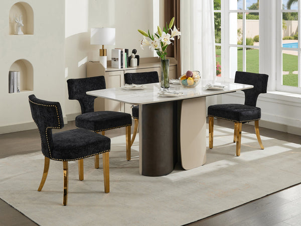 English Elm Mid Century Modern Dining Chairs with Copper Nail Trim, Plush High-Density Foam Seats, Brushed Steel Legs Black W1143P314903