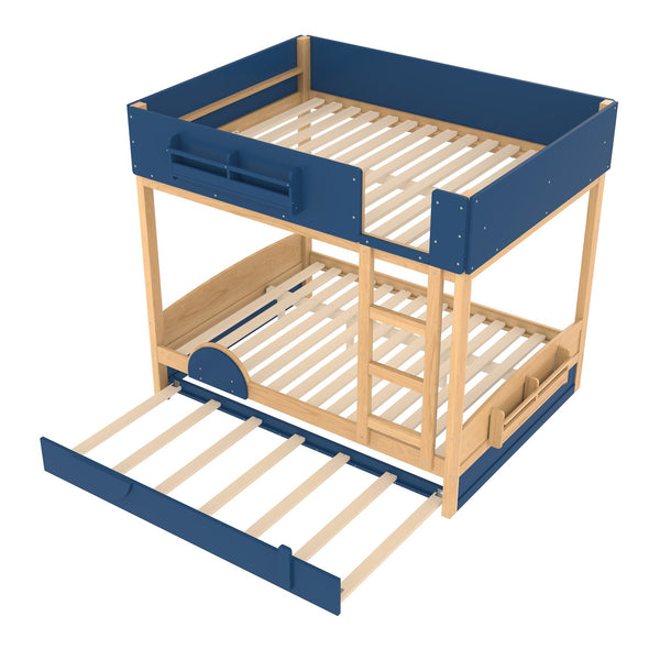 English Elm Full Bunk Bed with Trundle Bookshelf Storage Pine Frame Car Design for Kids Blue,Natural W1580S00445