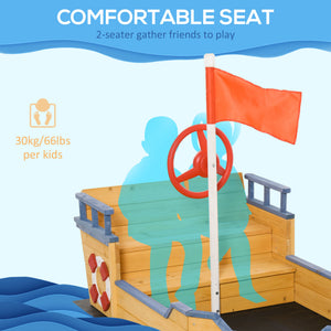 English Elm Outsunny Cedar Wood Pirate Ship Sandbox with Bench Seating and Storage for Kids W2225P217337