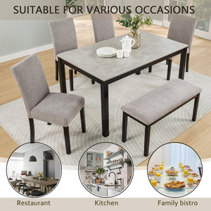 English Elm 6 Piece Rubberwood Dining Set with Bench and Linen Chairs for Transitional Kitchen W1998S00091