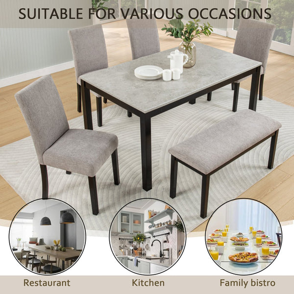 English Elm 6 Piece Rubberwood Dining Set with Bench and Linen Chairs for Transitional Kitchen W1998S00091