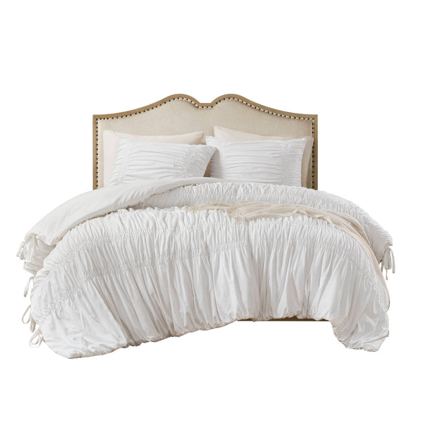English Elm 2pcs Shabby Chic Ruched Comforter Set Bow Trim Brushed Polyester Fill Romantic Bedroom White B035P341082