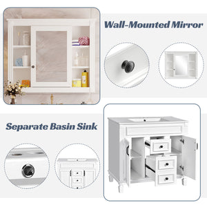 English Elm 36'' Bathroom Vanity with Sink and Mirror Cabinet, Modern MDF & Solid Wood Design, Ceramic Top, Soft-Close Doors White SW000115AAK-1