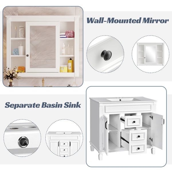 English Elm 36'' Bathroom Vanity with Sink and Mirror Cabinet, Modern MDF & Solid Wood Design, Ceramic Top, Soft-Close Doors White SW000115AAK-1