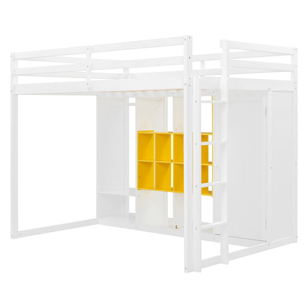 English Elm Twin Loft Bed with Wardrobe Shelves and Cabinet Kids Bedroom Wood Storage Frame Yellow+White N708S00024K