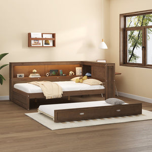 English Elm Full Pine Daybed with Trundle Sliding Storage Shelves Led Lighting and Usb Charging Wood GX004003AAD