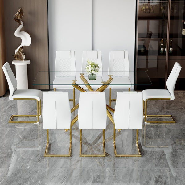 English Elm Table Modern Luxurious Glass Dining Set With 8 Ergonomic Chairs, Gold Legs & White Pu Upholstery W1151S02588-GIGA