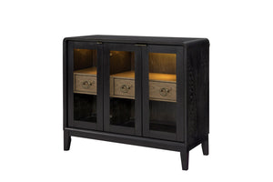 English Elm Glass Door Server Peppercorn - Elm Veneer Black & Latte Contrast, Glass Doors, Drawers for Dining Storage B2699P402560