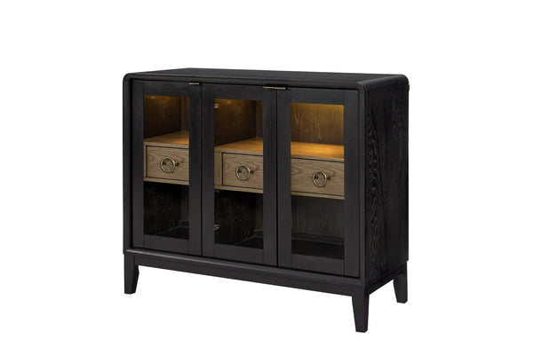 English Elm Glass Door Server Peppercorn - Elm Veneer Black & Latte Contrast, Glass Doors, Drawers for Dining Storage B2699P402560