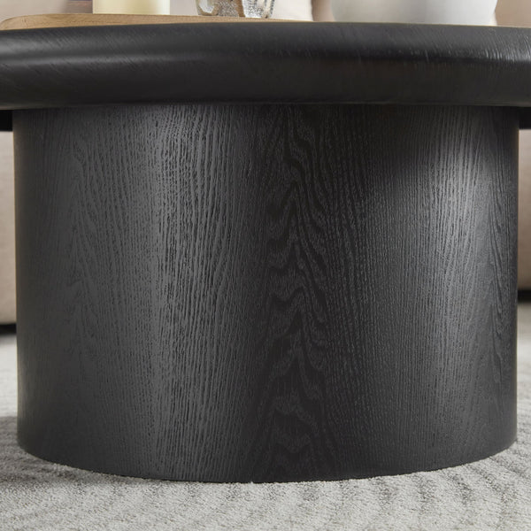 English Elm 2-piece Nesting Round Coffee Table Set Wood Veneer Sculptural Living Room Accent Black W2582S00185