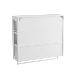 English Elm Bathroom Wall Cabinet with 3 Doors and Glass Panel, MDF Storage Cabinet with Towel Bar, Modern 35.6"L x 10.2"W x 32.5"H White W757P329727