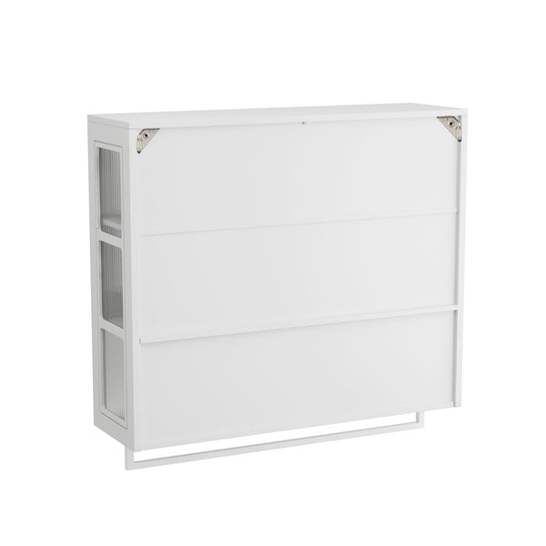 English Elm Bathroom Wall Cabinet with 3 Doors and Glass Panel, MDF Storage Cabinet with Towel Bar, Modern 35.6"L x 10.2"W x 32.5"H White W757P329727