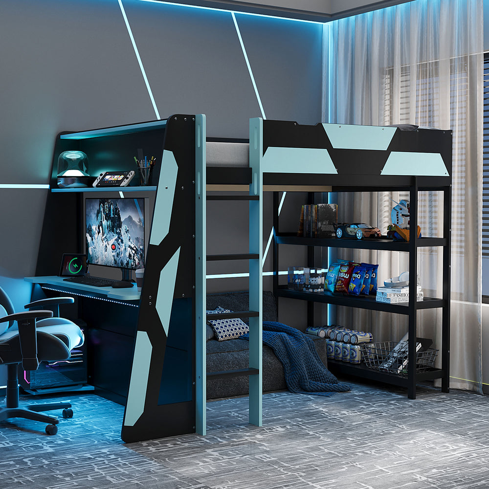 English Elm Full Size Gaming Loft Bed with Led Lighting Desk Shelves and Usb Charging Ports Black+Blue N820S00076C