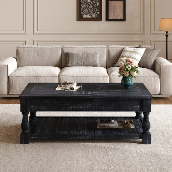 English Elm Farmhouse Lift Top Coffee Table Solid Wood Two Tier Hidden Storage Living Room W1445P412360