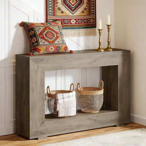 English Elm Entryway Console Table with Sculptural Stacked Wood Panels and Open Arc Base T3971P451473