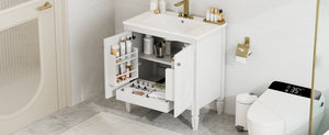 English Elm Christopher Knight Home® - 30" Bathroom Vanity with Sink Vintage Freestanding Ceramic Top Soft-Close Doors Gold Knobs, Storage White N759P226000K