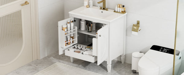English Elm Christopher Knight Home® - 30" Bathroom Vanity with Sink Vintage Freestanding Ceramic Top Soft-Close Doors Gold Knobs, Storage White N759P226000K