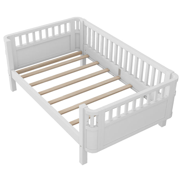 English Elm Twin Solid Wood Platform Bed with Guardrail for Kids, Low-Profile Sturdy Pine Frame, Safe Sleep Solution White 69.69 L x 18.5 W x 7.68 H W2593P331678
