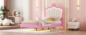 English Elm Twin Size Upholstered Bed Frame With Crown Headboard & Led Lights - Modern Pink & White Princess Style W2770P190377-GIGA