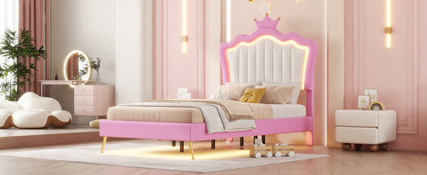 English Elm Twin Size Upholstered Bed Frame With Crown Headboard & Led Lights - Modern Pink & White Princess Style W2770P190377-GIGA