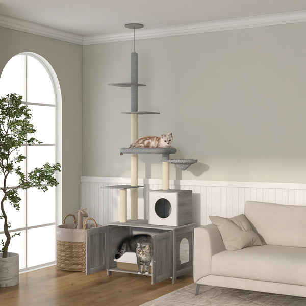 English Elm Pawhut Floor to Ceiling Cat Tower with Hidden Litter Box Condo Hammock Sisal Posts W2225P200364