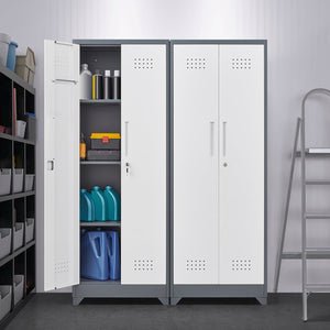 English Elm Broom and Mop Steel Utility Cabinet with Locking Doors Hanging Rod Adjustable Shelves T3625P372663