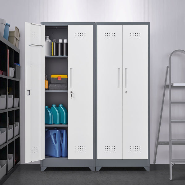 English Elm Broom and Mop Steel Utility Cabinet with Locking Doors Hanging Rod Adjustable Shelves T3625P372663