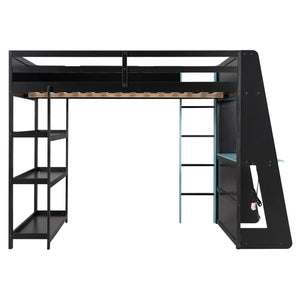 English Elm Full Size Gaming Loft Bed with Led Lighting Desk Shelves and Usb Charging Ports Black+Blue N820S00076C
