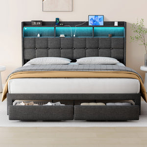 English Elm King LED Linen Platform Bed with Headboard Storage, 2 Drawers, Fast Charging & Mood Lights W1550P190363
