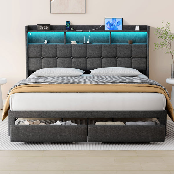 English Elm King LED Linen Platform Bed with Headboard Storage, 2 Drawers, Fast Charging & Mood Lights W1550P190363