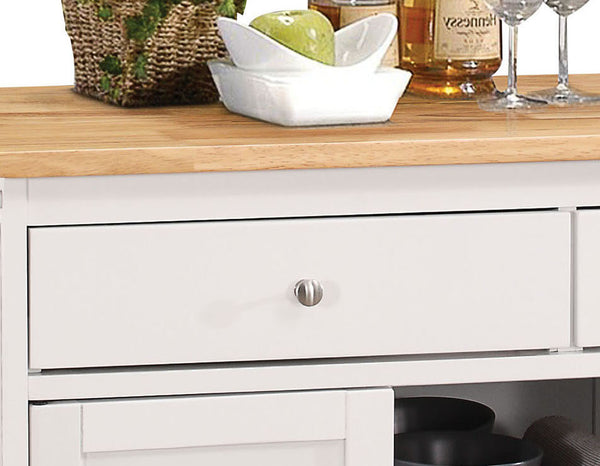English Elm Tullarick Natural Wooden Top Kitchen Cart with White Finish, Locking Casters, 2 Doors, 2 Drawers, Spice Rack B2726P272328