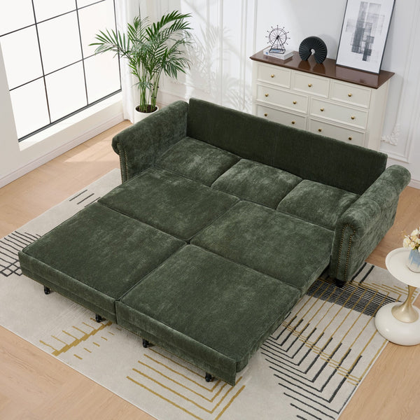 English Elm 86" Chenille Sleeper Sofa with Nailhead Rolled Arms Three Seat Convertible for Any Room Green W3373S00088