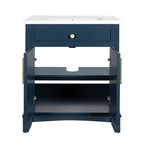 English Elm 27.8" Mid-century Freestanding Bathroom Vanity with Ceramic Sink Drawer and Wood Base Blue W1801S00005